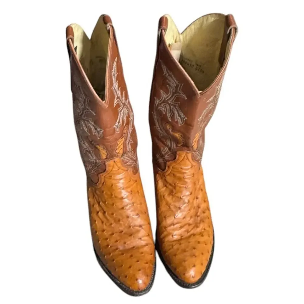 Dan Post Cowboy Boots Men's 9D Brown Full Quill Ostrich Leather Mid-Calf Western